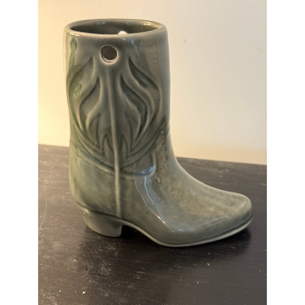Vintage Ceramic Cowboy Boot Vase Sage Green Western Southwestern Decor